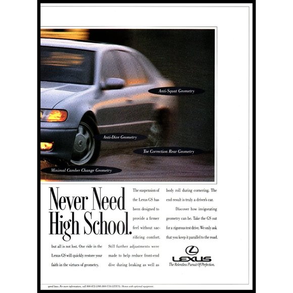1994 Lexus GS Sports Sedan 2 Page Vintage Print Ad High School Geometry Wall Art - Picture 3 of 3